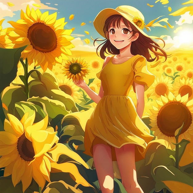 Una chica linda lleva un vestido amarillo y se para en el jardín de girasoles amarillo