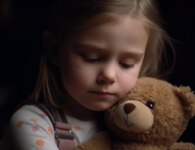 Foto una chica linda con un oso de peluche lleno de inocencia generado por la inteligencia artificial