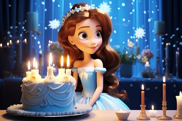 chica linda con pastel de cumpleaños en un vestido azul
