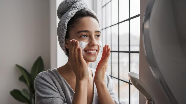 Foto chica linda preparándose para comenzar su día se está aplicando crema hidratante en la cara