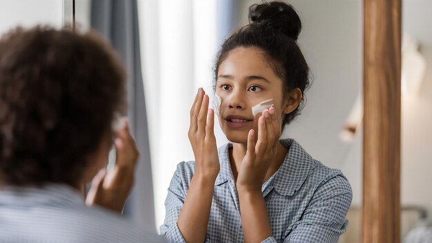 Chica linda preparándose para comenzar su día se está aplicando crema hidratante en la cara