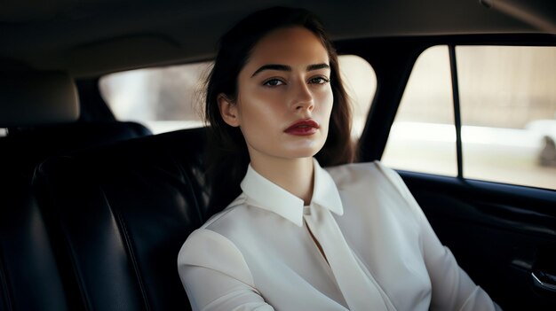 Foto una chica linda con un propósito en una camisa blanca está conduciendo y observando cuidadosamente la carretera