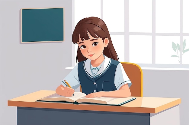 Chica linda sentada en el escritorio y leyendo un libro estudiante de escuela primaria en uniforme Ilustración vectorial aislada sobre un fondo blanco