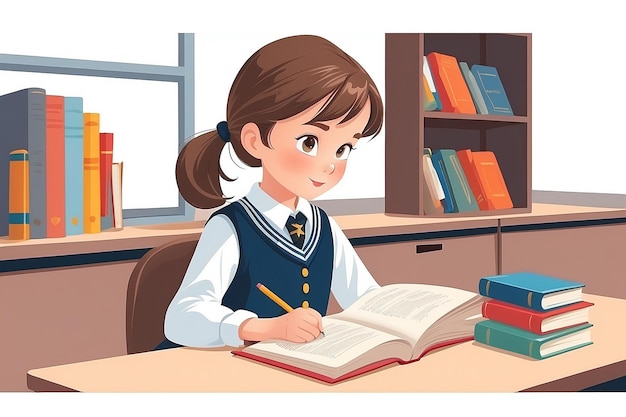 Chica linda sentada en el escritorio y leyendo un libro estudiante de escuela primaria en uniforme Ilustración vectorial aislada sobre un fondo blanco