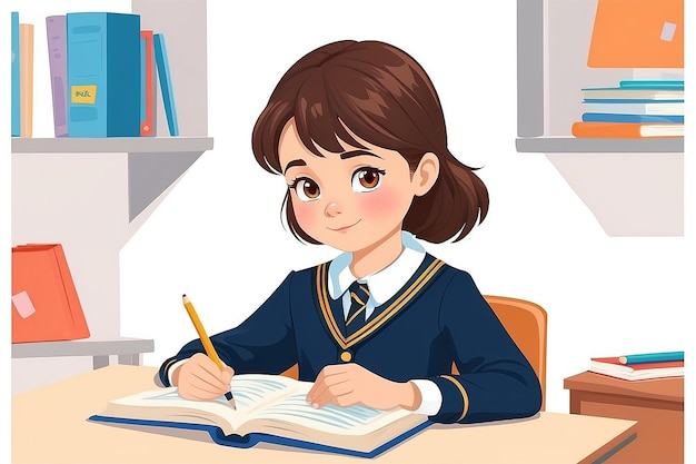 Chica linda sentada en el escritorio y leyendo un libro estudiante de escuela primaria en uniforme Ilustración vectorial aislada sobre un fondo blanco