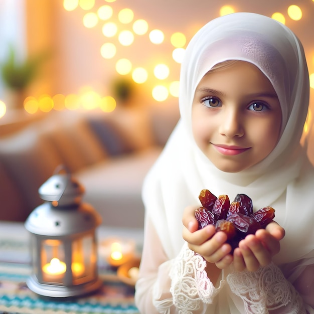 Foto chica linda en shayla sosteniendo dátiles secos pancarta de ramadán con espacio de copia profundidad de campo poco profunda