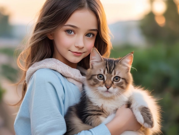 Una chica linda sonriendo con un gato