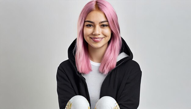 Foto una chica linda y sonriente adornada con jeans cómodos y una sudadera con capucha irradia comodidad y alegría