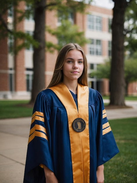 Foto una chica linda sonriente se graduó con gorra y bata en el campus de la universidad en la hora dorada