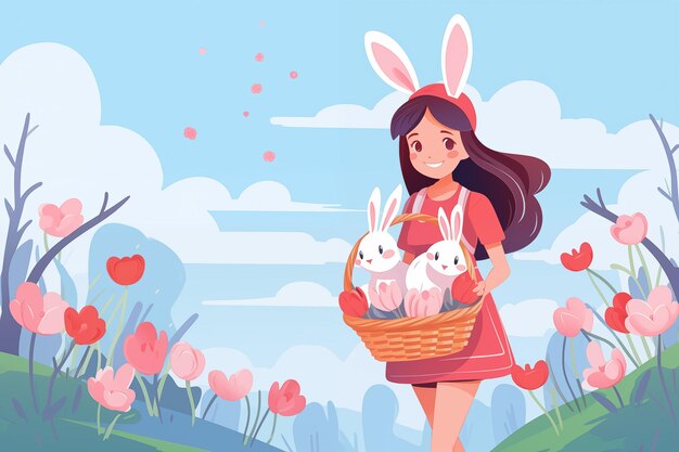 Chica linda sosteniendo una canasta con huevos de Pascua al aire libre Ilustración de dibujos animados de generative Ai
