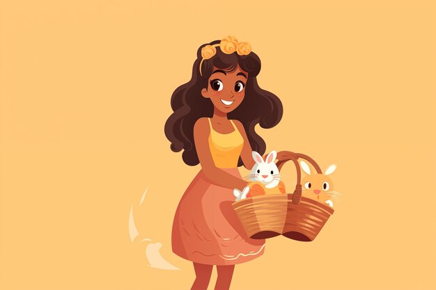 Foto chica linda sosteniendo una canasta con huevos de pascua en fondo amarillo ilustración de dibujos animados por gene