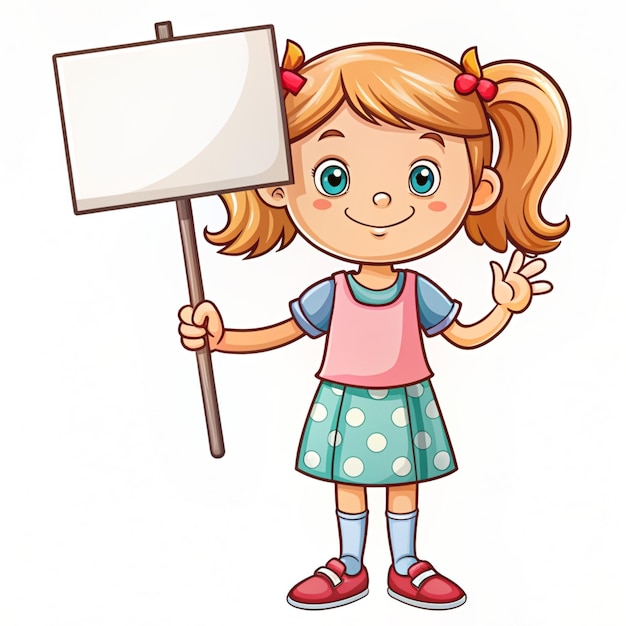 Foto chica linda sosteniendo un cartel vacío una pancarta de cartel dibujada a mano una ilustración de arte de dibujos animados