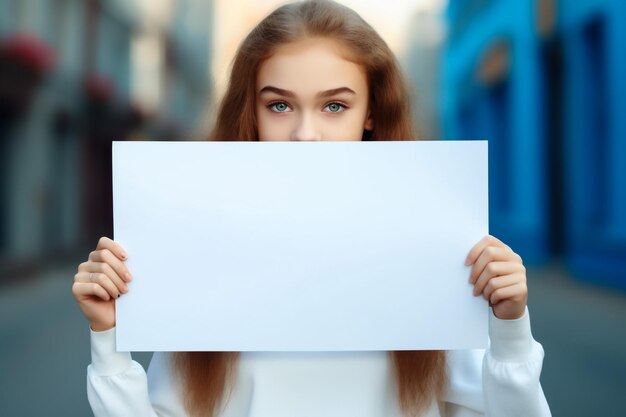 Chica linda con una tabla blanca adecuada para el texto