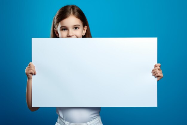 Chica linda con una tabla blanca adecuada para el texto