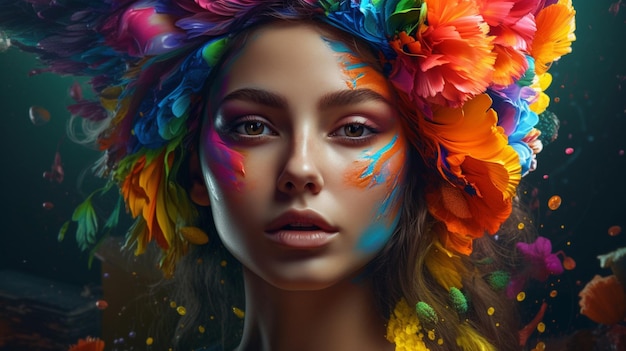 Chica linda tiene muchos colores diferentes cara maquillaje fotografía pintura al óleo imagen arte generado por IA