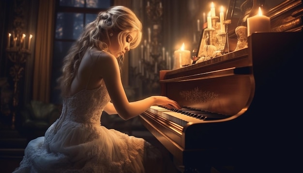 Una chica linda tocando el piano trae alegría y elegancia musical generada por la inteligencia artificial