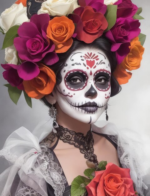 Una chica linda con un traje nacional y un patrón en su cara para el Día de Todos los Muertos Bright