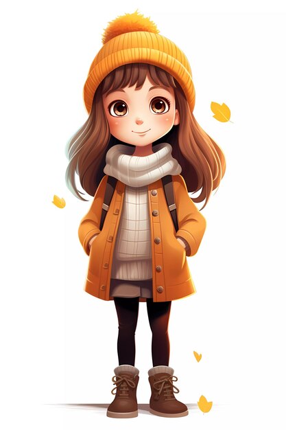 Chica linda vestida con ropa de otoño personaje de dibujos animados feliz