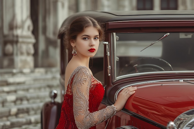 Chica linda en vestido rojo junto a un edificio antiguo posa