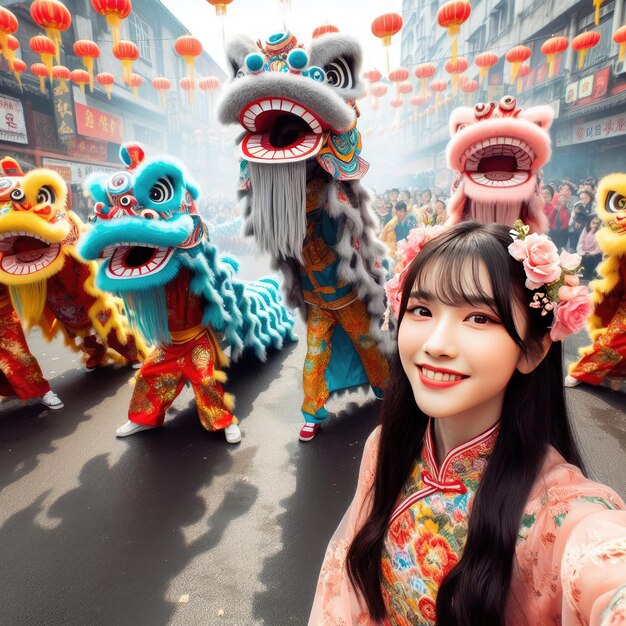 La chica lleva ropa tradicional. Celebran el nuevo año chino del dragón.