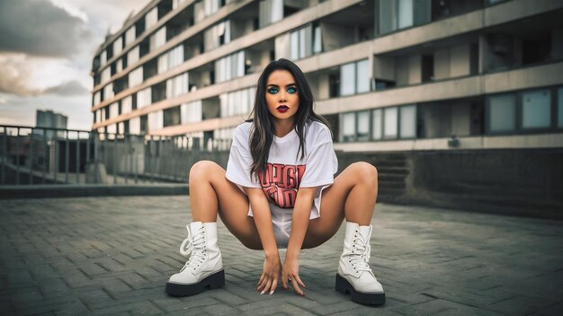 Foto la chica lleva ropas de moda y botas blancas tiene poses de maquillaje brillantes contra las poses de edificios urbanos