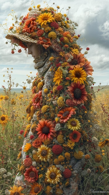 Foto chica llevando muchas flores