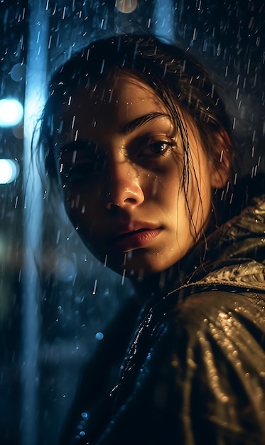 Una chica bajo la lluvia mira por la ventana por la noche.