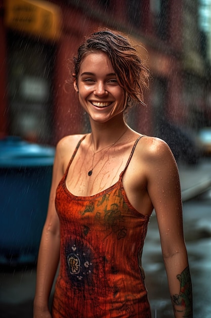 Una chica bajo la lluvia con un tatuaje en el hombro.