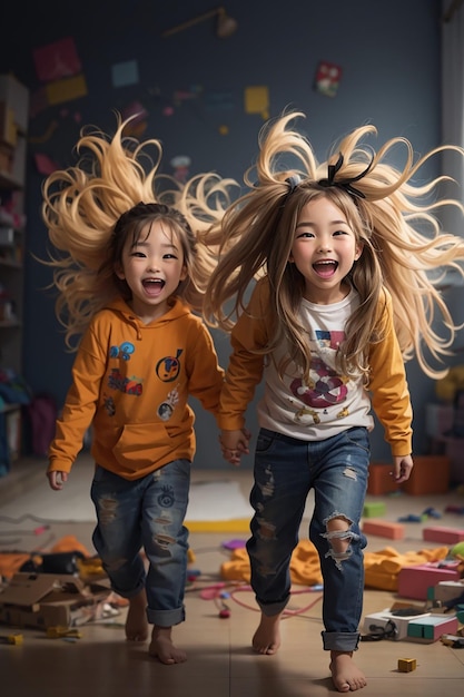 Una chica loca y un chico vestidos en un lío con el pelo largo loco el chico y la chica son divertidos divertidos y sonrientes