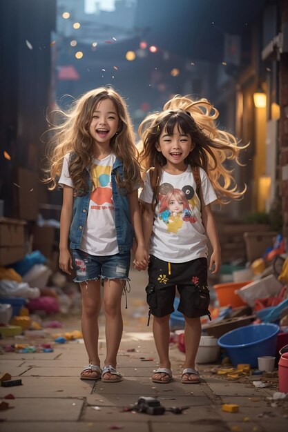 Una chica loca y un chico vestidos en un lío con el pelo largo loco el chico y la chica son divertidos divertidos y sonrientes