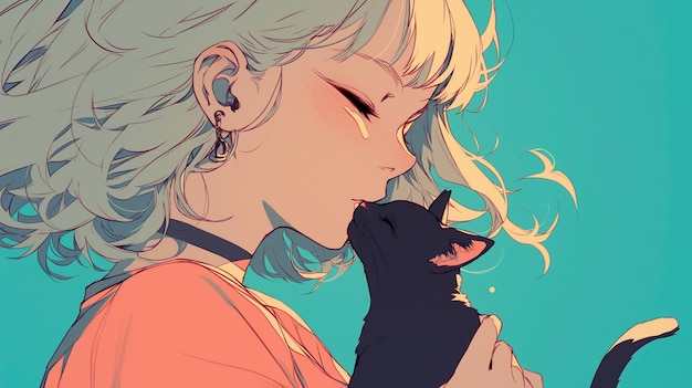 La chica lofi del anime está con un gato