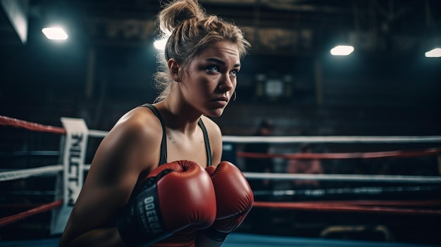 Chica luchadora generativa de IA en el ring de boxeo