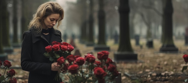 chica en luto en un cementerio con rosas IA generativa