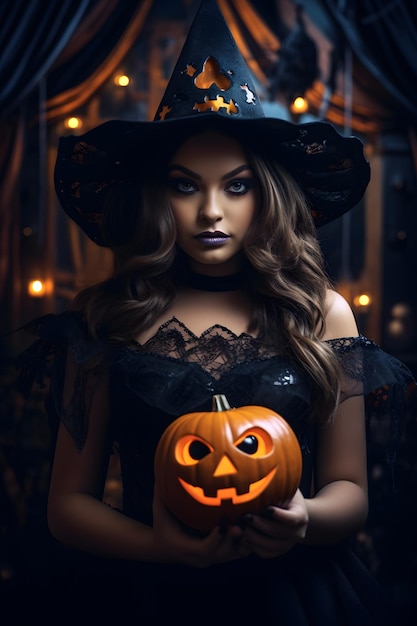 chica con maquillaje de cráneo de azúcar en traje de bruja de Halloween sombrero de brujas con calabaza Jack O linternas