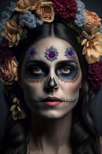 Chica con maquillaje de esqueleto y flores en el pelo sobre un fondo oscuro día de muertos AIGenerated