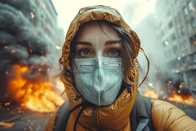 Foto una chica con una máscara protectora en la calle donde ocurrió la explosión