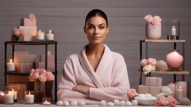 chica en la mesa con una bata de baño procedimientos de spa