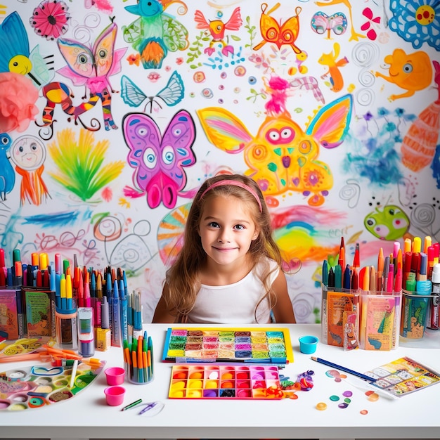 Una chica con una mesa de colorear y un montón de bolígrafos y dibujos para colorear