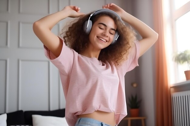 Chica milenaria llena de alegría con audífonos divirtiéndose con música imagen generada por redes neuronales