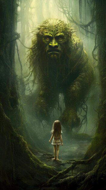 una chica mira a una chica en un bosque con un gran monstruo verde