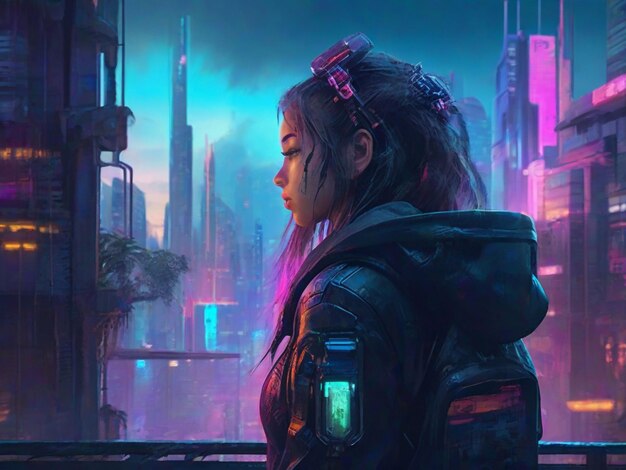 La chica mira a la ciudad cyberpunk