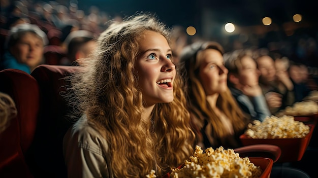 Una chica mira con entusiasmo una película en un cine mientras come palomitas de maíz