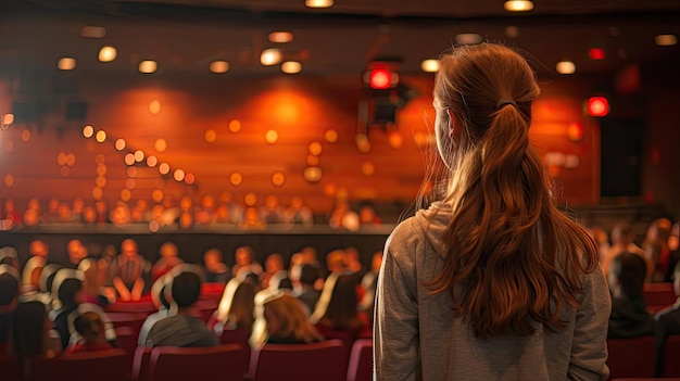 La chica mira el escenario en el salón lleno de gente.