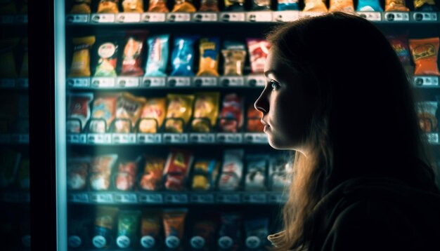 Una chica mira una máquina expendedora con las palabras chip en ella.