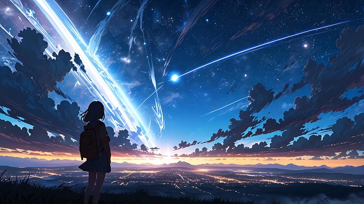 una chica mirando a una estrella que está volando sobre una ciudad