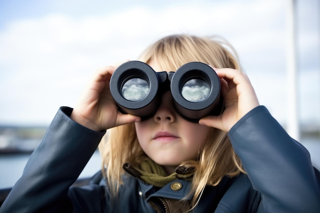 Una chica mirando a través de binoculares desde un ferry