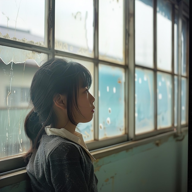 una chica mirando por una ventana con vidrio roto delante de ella