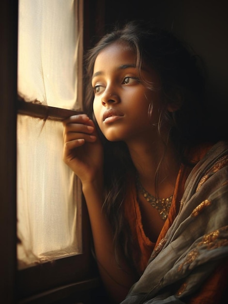 Una chica mirando por una ventana