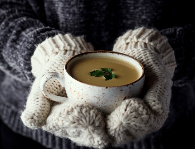 Chica en mitones sosteniendo una taza de sopa