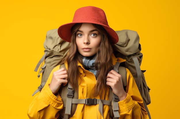 Una chica con una mochila en la espalda se para sobre un fondo amarillo.